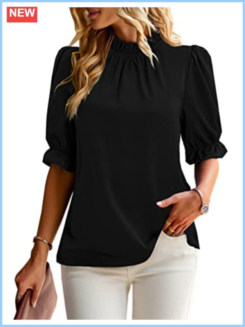 Women's Ruffle Mock Neck Puff Sleeve Blouse Loose Fit Summer Top